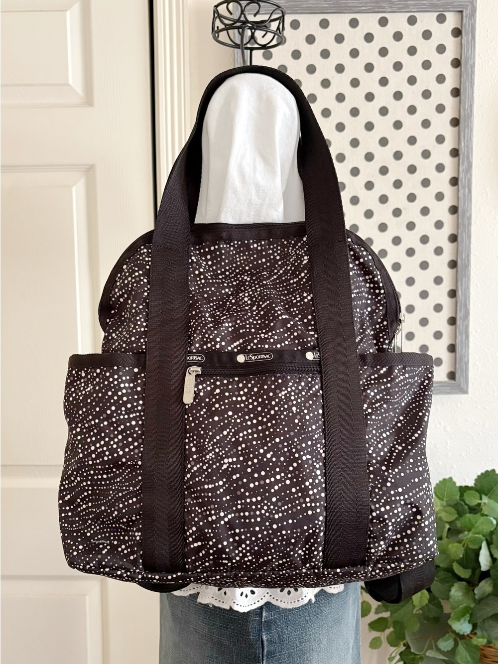 LeSportsac Black with White Speckle Backpack Tote